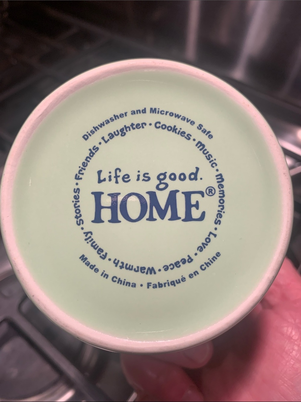 Life Is Good Light Green Ceramic Mug with Blue Interior and White Flower - Picture 2 of 7